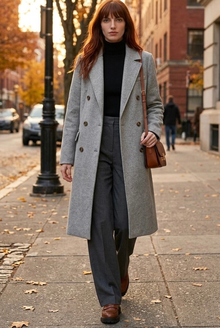 Classic Long Wool Heather Gray Coat Womens Sz 4 Lined Double Breasted Minimal